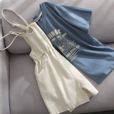 GETADME Summer Korean Fashion Striped T-shirt Overalls Set for Women Korean Leisure Joker Girls Student High Waist Shorts Clothing Sets