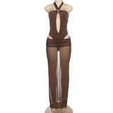 GETADME 패션 레이디 솔리드 2피스 세트 여성 홀터넥 바디수트 &amp; 메시 롱 스커트 트렌드 비치 스타일 여름 의상