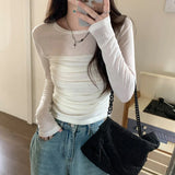 Getadme Mesh Long Sleeves Shirt Women Autumn Design Sense Niche Pleat Slim Fit Bottoming Shirt Short Top Female Korean Fashion Tops