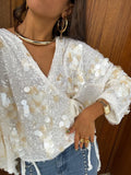GETADME 2025 New Women's Sequins Kimono Style Jacket Fashion V Neck Long Sleeve Lace Up Casual Coats Autumn Female High Street Outerwear