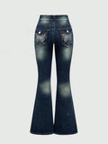 GETADME Fashion Y2k Jeans For Woman Blue High Waist Flared Denim Pants With Embroidery Vintage Retro Style  2025 Trendy Collection