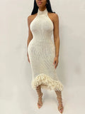 GETADME 이상한 고양이 니트 백리스 드레스 여성 민소매 홀터넥 여름 섹시 태슬 불규칙 헴 클럽웨어 스트레치 힙스터 파티 베스디소