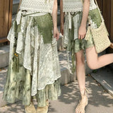 GETADME New Fashion Irregular Midi Skirt Women Vintage Tie Dye Printed a-Line Elegant Lace Patchwork Summer Skirts Y2k Mori Girl