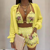 GETADME 보헤미안 여성 3피스 세트 여름 신상품 여성 의류 섹시 3피스 슈트 비치 패션 반바지 슈트 캐주얼 편안함