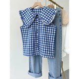 GETADME Korobov French Blue Plaid Ruffled Sleeveless Shirt Women's Clothing Summer Loose Blouses Doll Age Reduction Sweet Fashion Top