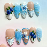 GETADME 24Pcs 3D Strawberry Rabbit Flower Fake Nails Press on Mid-length Almond Wearable False Nails Green Gradient Pearl Manicure Tips