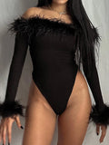 GETADME 새로운 섹시한 여성 긴팔 깃털 장식 바디수트 여성 바디콘 오프숄더 슬래시 넥 스키니 베이직 레오타드 탑 핫 클럽웨어
