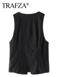 TRAFZA Women Fashion Lace Up Vest V Neck Sleeveless Top Y2k Vintage Solid 2024 Female Summer Sexy Party Tank Tops
