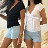 GETADME Lady Deep V Neck Solid Color Bowknot Sweet Girl's Summer Skinny Lace Up T shirts Short Sleeve Sexy Pullover Top 2025 Clubwear