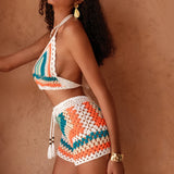 GETADME 패션 스타일 핸드 크로셰 멀티컬러 투피스 비키니 커버업 타이업 탑 반바지 수트 여성 휴가용 할로우 아웃 비치웨어