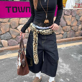 GETADME 여성용 Y2K 유럽 및 미국 힙합 레오파드 프린트 패치워크 청바지 대형 포켓 스트레이트 와이드 레그 루즈 크롭 팬츠