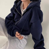 GETADME Korean Hood Shirt Women Fashion Fleece Lined Loose Hoodies Zipper Long Sleeve Crop Tops Harajuku Female Jackets Coats Sweatshirt