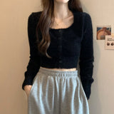 GETADME Fuzzy Knit Crop Top Cardigan for Women Teen Girl Long Sleeve Button Up Fitted Sweater Soft Plush Knitwear Fall Winter Y2K Outfit