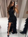 GETADME Elegant Ruffle Party Dress Women Sexy Backless Sleeveless Halter Female Dresses 2025 Summer Chic Irregular Hem Black Lady Robe