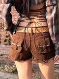 GETADME American Spice Girl Multi-Pocket Denim Shorts Women's New Low Waist Hips A-Word Y2k Hot Pants