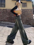 Getadme -Harajuku Fashion Wide Leg Pants Baggy Full Length High Street Streetwear Denim Jeans Print Pockets Straight Women Casual Retro