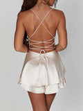 GETADME Satin Silk Women Sexy Cami Playsuits Dress Solid Cowl Neck Sleeveless Short Jumpsuits Summer Cross Tie-Up Backless Romper