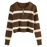 GETADME Lucyever Women's Turndown Collar Striped Sweater Vintage Loose Long Sleeve Knitwear Female Autumn Winter Warm Knitted Jumper Top