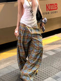 GETADME Y2K Plaid Wide Leg Pants Women Summer Streetwear High Waist Loose All Match Pants Casual Pockets Lady Mopping Trousers