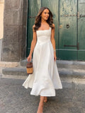 GETADME Women Elegant White Slim Pleated Long Dresses 2025 Spring New Square Neck Sleeveless High Waist Dress Fashion Female Party Robes