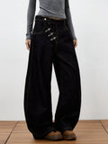 GETADME 2025 Trend Y2K Style Irregular Button Fly Black Baggy Women's Jeans Pants For Woman Clothing Straight Cotton Loose Long Trousers