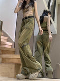Getadme-Autumn And Winter New Japanese Overalls Jeans Men And Women American Retro High Street Micro-la Washed Wide-leg Straight Pants