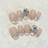 GETADME 10Pcs Cute Cat Eye Almond Fake Nail Blue Shiny with Small Rhinestone Nail Art Nude Color Short Oval Finished Artificial Manicure