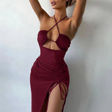 GETADME 여성용 여름 블랙 섹시 드레스 민소매 등받이 없는 홀로우 아웃 파티 드레스 패션 레이스업 홀터 바디콘 우아한 스플릿 드레스