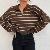 GETADME New European American POLO Collar Shoulder-sleeved Knitted Sweater Spring Autumn Casual Contrasting Striped Sweater Women