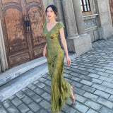 GETADME 2025 Summer Women's Long Dress Turquoise Green V-neck Backless Lace Satin Jacquard Slim Chic Elegant Evening Party Sexy Dresses
