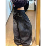 GETADME Black Womens Jeans High Waist Vintage Design Hip Hop Straight Baggy Denim Pants Street Y2K American Style Wide Leg Denim Trouser