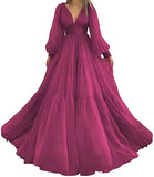 GETADME Bridalaffair 플리츠 튤 프린세스 프롬 드레스 V넥 롱 퍼프 슬리브 플러스 사이즈 이브닝 드레스 우아한 드레스 여성 웨딩 파티용