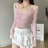 Getadme Sweet Lace Stitching V-neck Skinny Top Pink Coquette Aesthetic Slim-fit Long Sleeve Knitted T-shirts Cute Casual Tees
