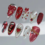 GETADME 24Pcs 3D Strawberry Rabbit Flower Fake Nails Press on Mid-length Almond Wearable False Nails Green Gradient Pearl Manicure Tips