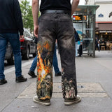 GETADME Y2K Vintage Skull Flame Graphic embroidery Baggy Jeans Men Harajuku Goth Streetwear Washed Denim Pants Grunge Wide Leg Trousers