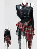 GETADME Gothic Punk Two Piece Set for Women 2026 Summer Distressed Mesh Crop Tops Plaid Asymmetrical Lace Skirt Chain Y2K Streetwear