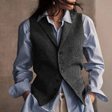 GETADME Women Vest Herringbone Pattern Elegant Turn-down Collar Vests Sleeveless Coats Single Breasted Female Casual Work Vest 2025
