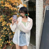 GETADME Shirt for Women Blouse Long Sleeve Top Female Chiffon Loose Cardigan Thin Sexy Solid Color Casual Shirt