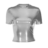 GETADME Leather Solid O Neck Short Sleeves Sexy Slim Y2K T-Shirt Top 2025 Summer Women Fashion Tees Streetwear Grunge Clothes