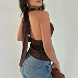 GETADME Elegant Halter Satin Swinging Collar Solid Color Fashion Women's Crop Top Slimming Backless Sleeveless Club Vests