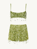 GETADME Sexy Sequins Tassel Skirt Sets Women Sling Crop Tops Hip Package A-line Short Skirts 2025 Summer Chic Beach Party Outfits Lady