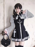 GETADME Summer Japanese Jirai Kei Style Mini Dress Women's Lapel Collar Flare Sleeve Striped Lace Dress Y2K Subculture Dress Girly Goth
