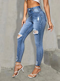 Getadme-Blue Ripped Holes Skinny Jeans, Slim Fit High Stretch Distressed Tight Jeans, Women's Denim Jeans & Clothing