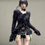 GETADME Vintage V-neck Black Shirts Women Spring Autumn  New Slim Waist Ruffles Blouses Y2k Grunge Long Sleeve Blusas Mujer