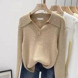GETADME Women's Clothing Basic All-match Polo Collar Pullovers Autumn Winter Casual Loose Long Sleeve Sweaters Elegant Chic Button Tops