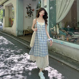 GETADME 블루 플레드 스트랩 드레스 레이스 스플라이싱 롱 스커트 하이 칼라 슬리브리스 여성 여름 신스타일 우아한 디자인 맥시 드레스