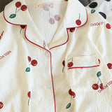 GETADME Cherries Print Two Pieces Pajamas Set Autumn Faux Cotton Pajamas Korean Fashion Home Clothes Ladies Pants and Top Set Pijamas