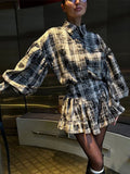 GETADME Plaid 2 Pieces Suits Women 2025 Spring Lapel Lantern Sleeves Single Breasted Shirt A-line Pleated Mini Skirt Female Vintage Sets