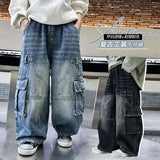 GETADME Boys Retro Jeans Spring Autumn New Teenager Children Fried Street Handsome Straight Loose Wide-leg Pants Kids Cargo Denim Jeans