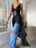 GETADME 2025 Women Sexy V-neck Lace Patchwork Black Dress Y2K Streetwear Fashion Spaghetti Strap Irregular Split Solid Long Slip Dresses
